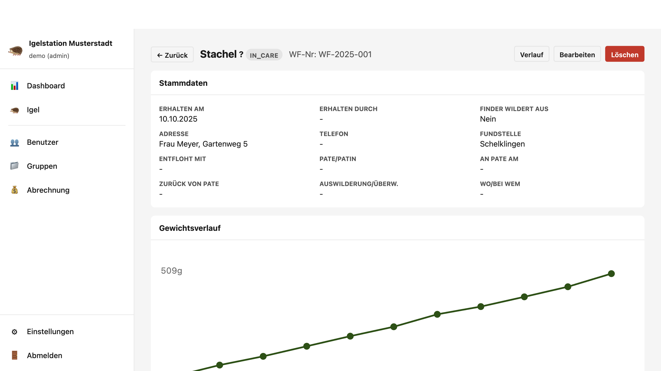 Igel-Detail mit Gewichtsverlauf und Pflegeeinträgen